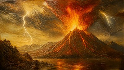 an erupting volcano with lightning strikes, dramatic wide composition, no text
