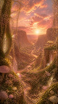 a desert canyon under a dramatic sunset sky, no people