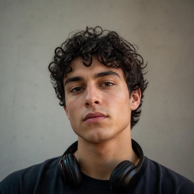 head-and-shoulders portrait of an original character: a young man with curly dark hair and headphones around his neck, plain backdrop, no text
