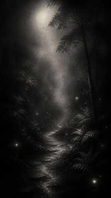 a mysterious forest path with fireflies and drifting mist, atmospheric vertical composition with open space at the top, no text