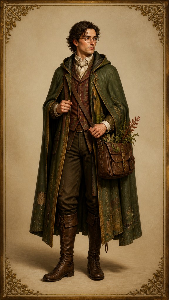 full-body original character: a wandering botanist with a satchel of plants, a patched green cloak, tall boots and round glasses, neutral background