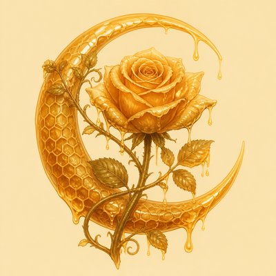 a rose entwined with a crescent moon, clean balanced composition on a plain background, no text