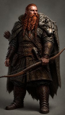 full-body original character: a dwarven ranger with a braided auburn beard, worn leather armor, a longbow and a wolf-pelt cloak, neutral background, no text