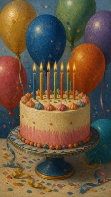 a birthday cake with lit candles surrounded by balloons and confetti, festive vertical composition, no text