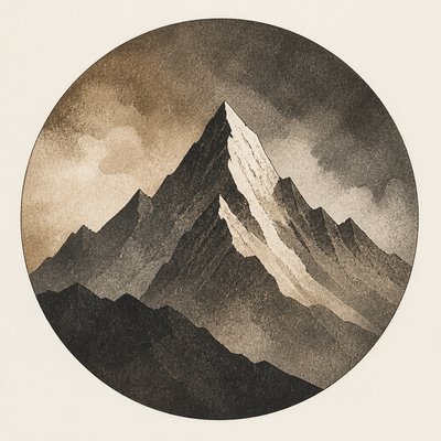 an emblem of a mountain peak inside a circle, simple bold shapes on a plain background, no text or lettering