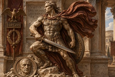 a statue of a man with a sword and shield
