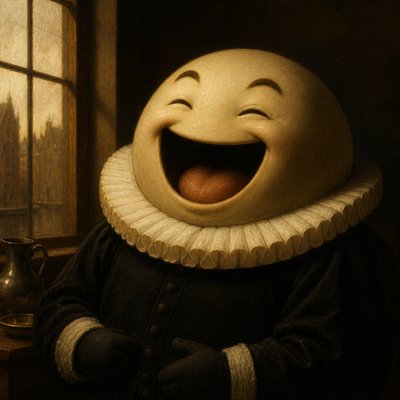 an exaggerated laughing face of an original round mascot character, bold and readable at small size, plain background, no text