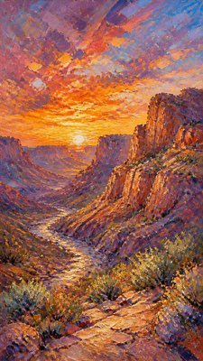 a desert canyon under a dramatic sunset sky, no people