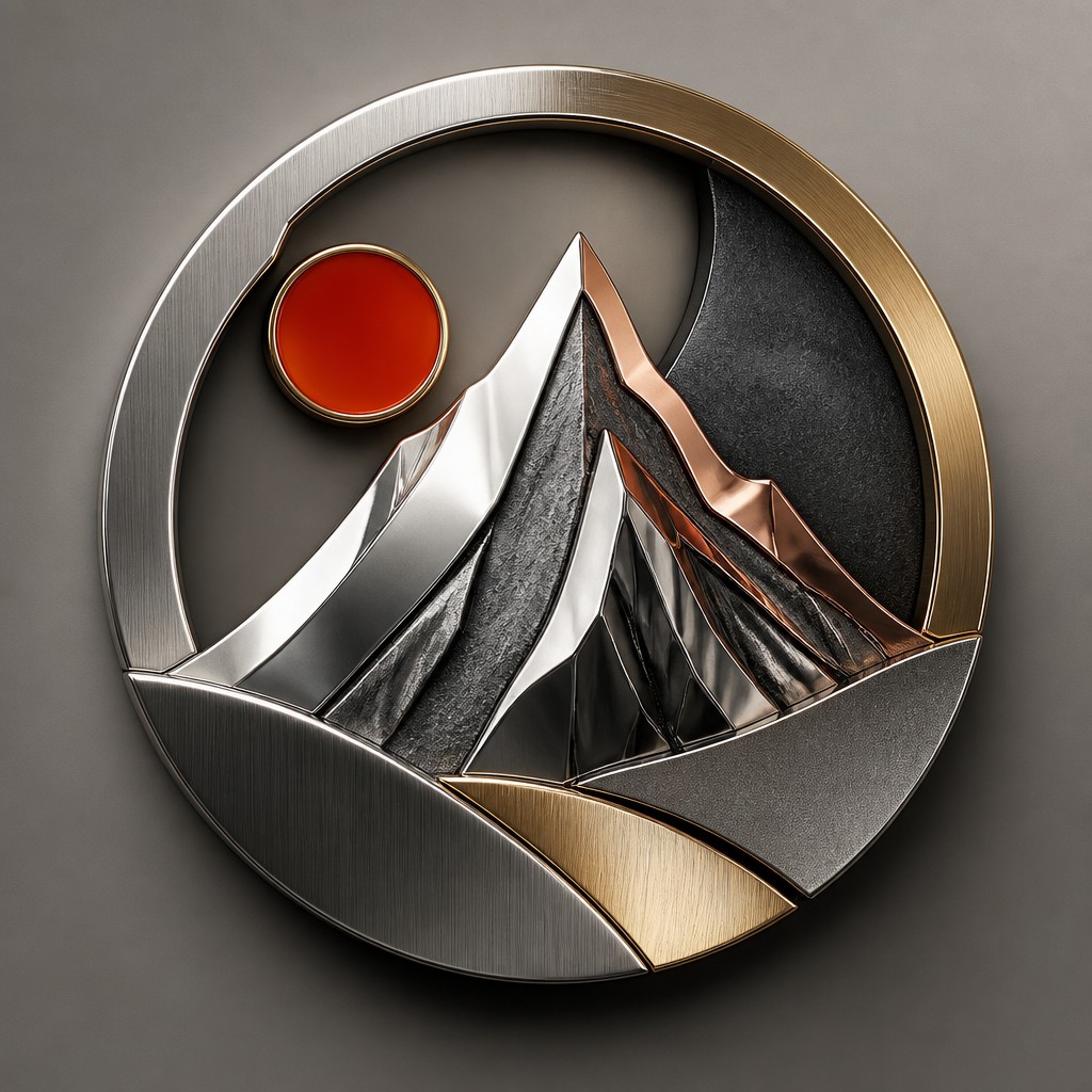 an emblem of a mountain peak inside a circle, simple bold shapes on a plain background, no text or lettering