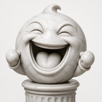 an exaggerated laughing face of an original round mascot character, bold and readable at small size, plain background, no text