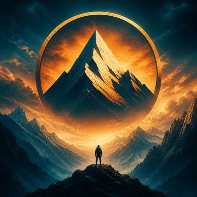 an emblem of a mountain peak inside a circle, simple bold shapes on a plain background, no text or lettering