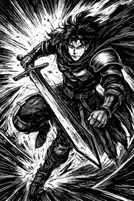 a black and white drawing of a man holding a sword