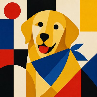 portrait of a golden retriever wearing a blue bandana, warm plain backdrop, no text