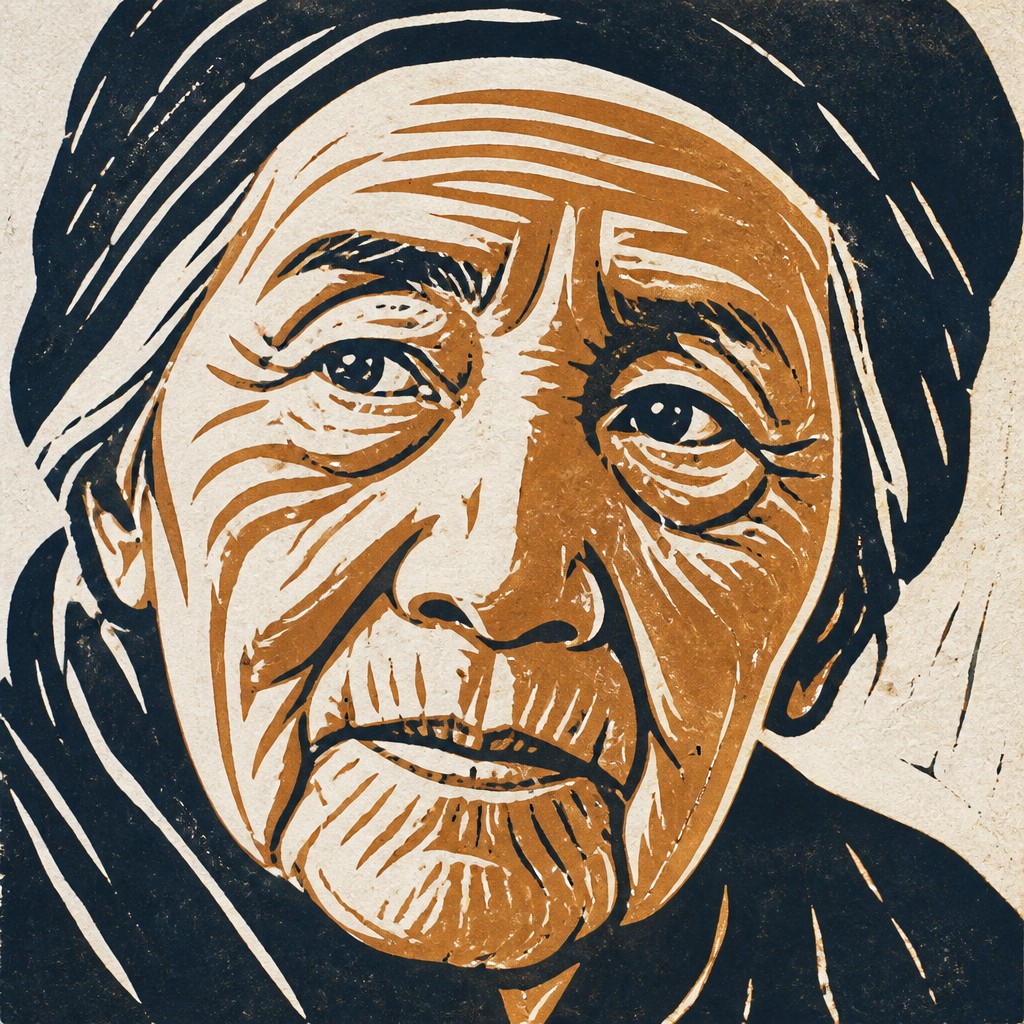 close-up portrait of an elderly person with expressive weathered features — Linocut Print Style