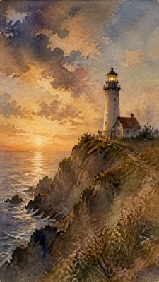 a lone lighthouse on a cliff at dusk under a dramatic sky, no text or lettering