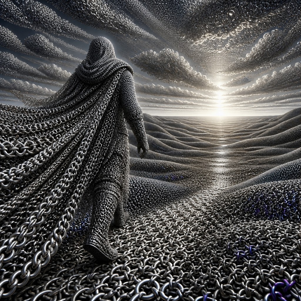 a solitary figure walking toward a glowing horizon across an empty plain, moody atmosphere, no text or lettering