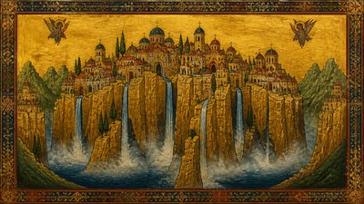 a cliffside city with waterfalls cascading into a misty canyon, wide establishing shot, no people, no text