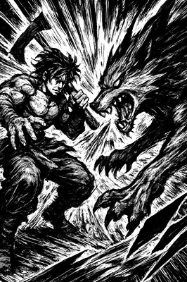 a painting of a man and a wolf