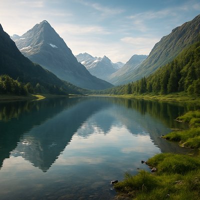serene landscape with mountains and water