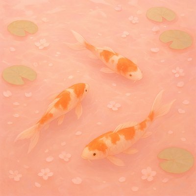 A koi pond seen from above, orange and white koi fish swimming among lily pads, clear water with subtle ripples, fallen cherry blossom petals floating on the surface, dappled sunlight