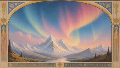 a flowing aurora over snowy peaks, wide sweeping composition, no people, no text