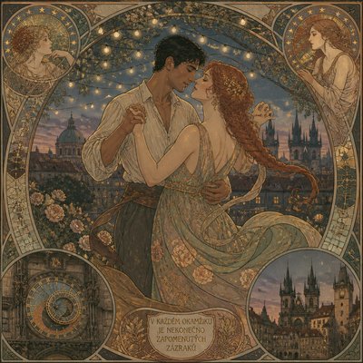 an original couple dancing under string lights in a garden at dusk: a man with short black hair in a linen shirt and a woman with braided red hair in a summer dress