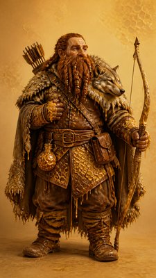 full-body original character: a dwarven ranger with a braided auburn beard, worn leather armor, a longbow and a wolf-pelt cloak, neutral background, no text