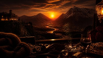 a vast valley with a river winding toward distant mountains at sunrise, no people, no text