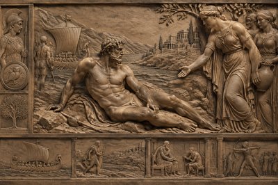story of ancient ignudi odysseus washed up on the shore of Ithaca