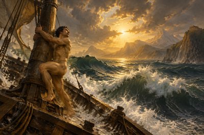 a  greek athlete without clothing clings to the masthead post of a ship tossed by waves and storm at sea
