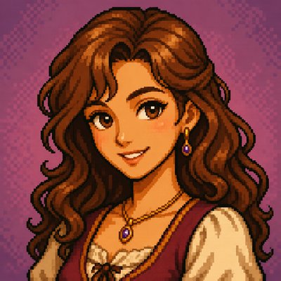 head-and-shoulders portrait of an original character: a young woman with wavy chestnut hair and a warm smile, plain soft backdrop
