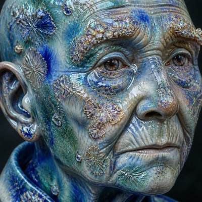 close-up portrait of an elderly person with expressive weathered features
