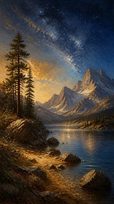 a tranquil mountain lake beneath a starry night sky, no people, no text