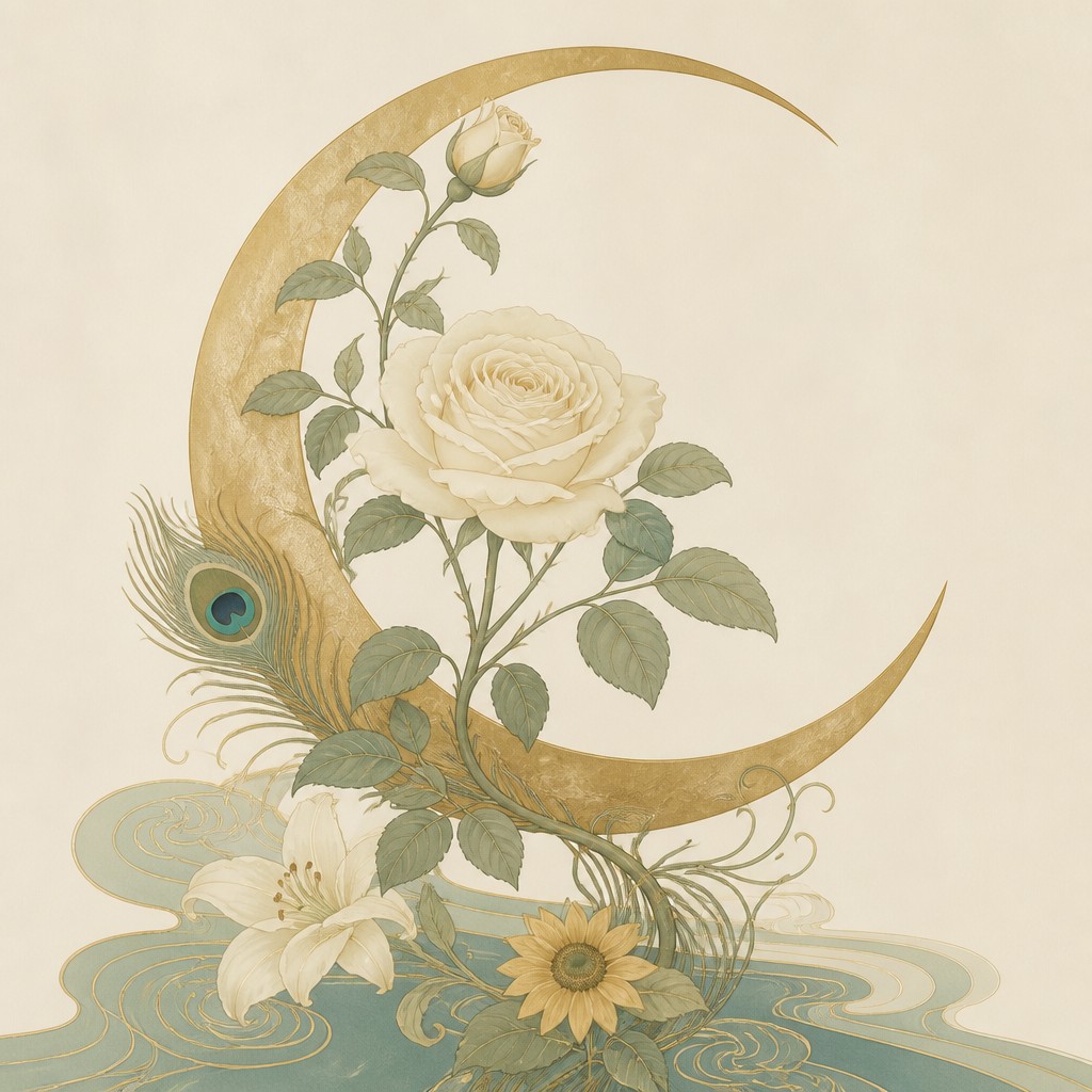 a rose entwined with a crescent moon, clean balanced composition on a plain background, no text