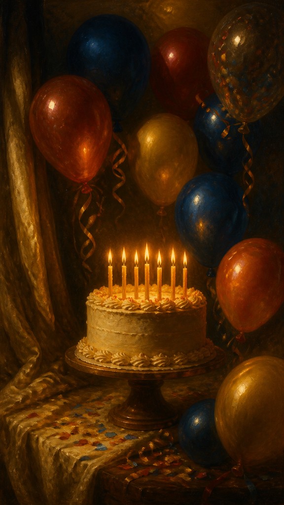 a birthday cake with lit candles surrounded by balloons and confetti, festive vertical composition, no text