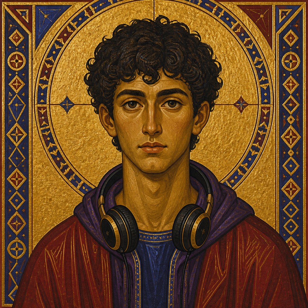head-and-shoulders portrait of an original character: a young man with curly dark hair and headphones around his neck, plain backdrop, no text