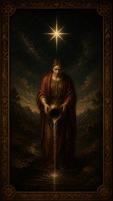 a robed figure pouring water beneath a large eight-pointed star in a night sky, symmetrical composition with an ornate decorative border, no text
