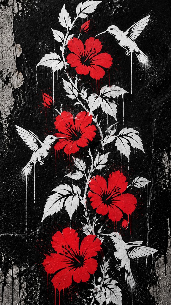a climbing vine of flowers and hummingbirds on a dark background, tall wrapping composition, no text