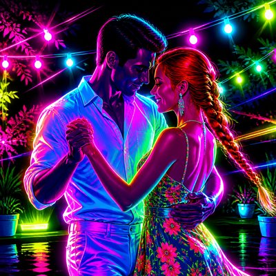 an original couple dancing under string lights in a garden at dusk: a man with short black hair in a linen shirt and a woman with braided red hair in a summer dress