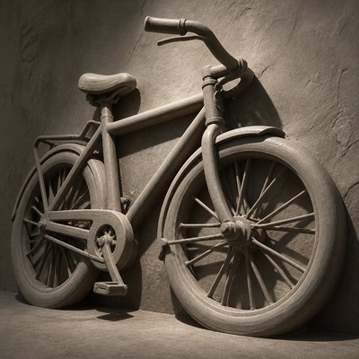 bicyle resting against a wall — Sculptural Form Art Style