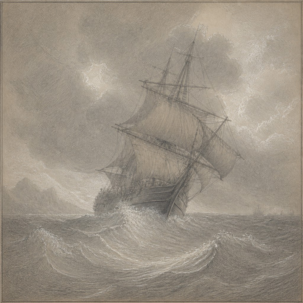 sailing ship on a stormy sea — Silverpoint Drawing Style