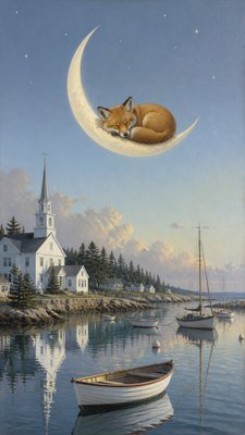 a sleeping baby fox curled on a crescent moon among soft stars, gentle and warm, no text