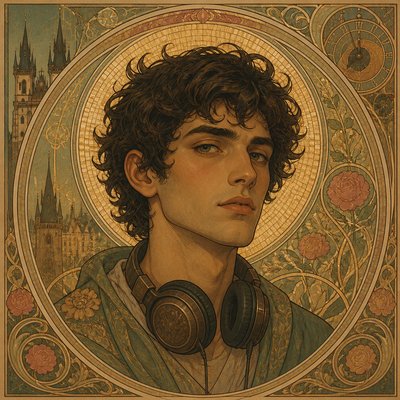 head-and-shoulders portrait of an original character: a young man with curly dark hair and headphones around his neck, plain backdrop, no text
