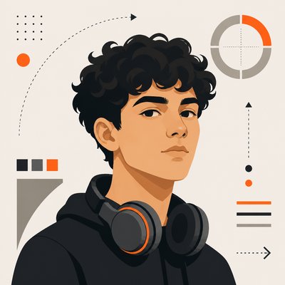 head-and-shoulders portrait of an original character: a young man with curly dark hair and headphones around his neck, plain backdrop, no text