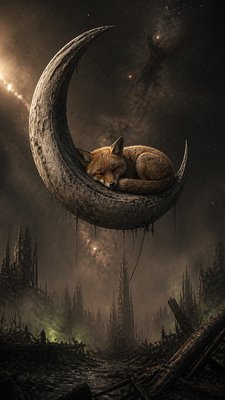 a sleeping baby fox curled on a crescent moon among soft stars, gentle and warm, no text
