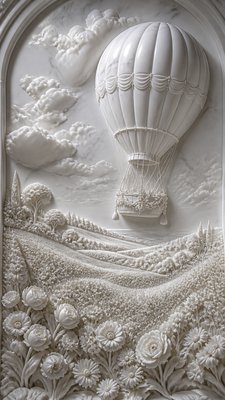 a hot air balloon drifting over rolling flower fields on a sunny day, cheerful, no text