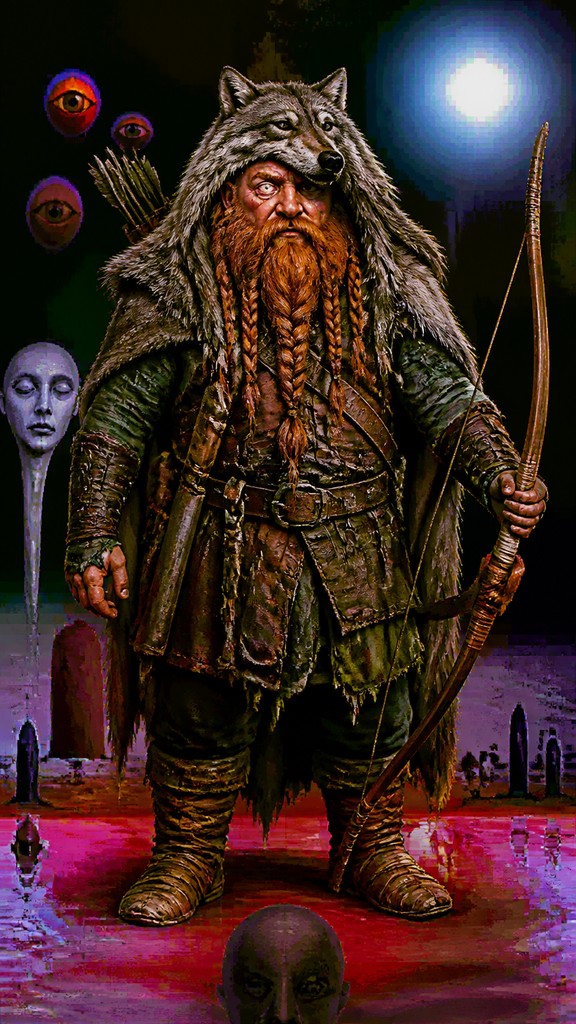 full-body original character: a dwarven ranger with a braided auburn beard, worn leather armor, a longbow and a wolf-pelt cloak, neutral background, no text