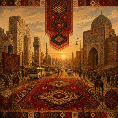 urban street with city activity — Turkmen Art Style