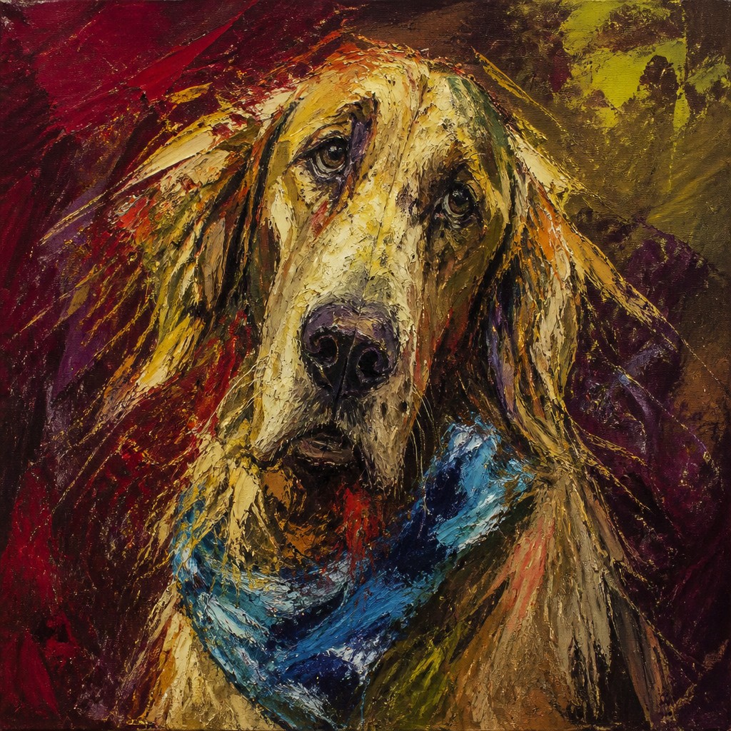 portrait of a golden retriever wearing a blue bandana, warm plain backdrop, no text