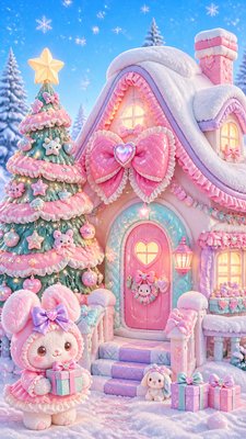 a snow-covered cottage with warm glowing windows beside a decorated pine tree, gentle snowfall, no text